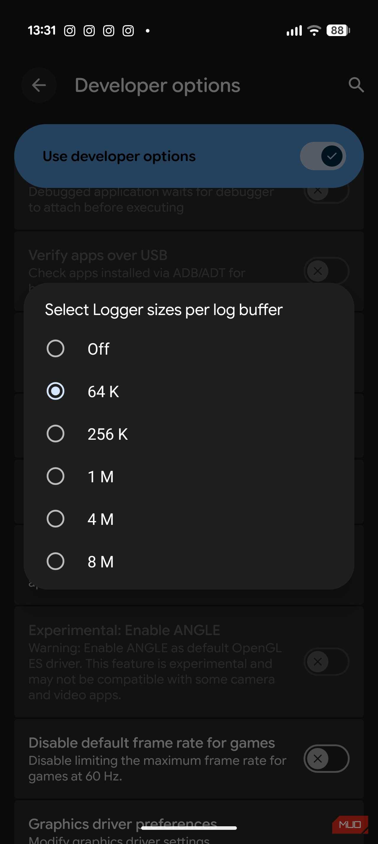 انتخاب 64K لاگ در هر بافر در Google Pixel 10 Pro