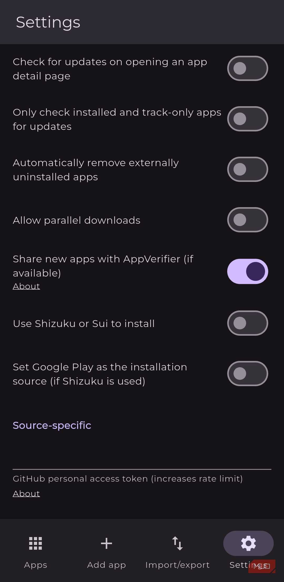 صفحه تنظیمات در Obtainium