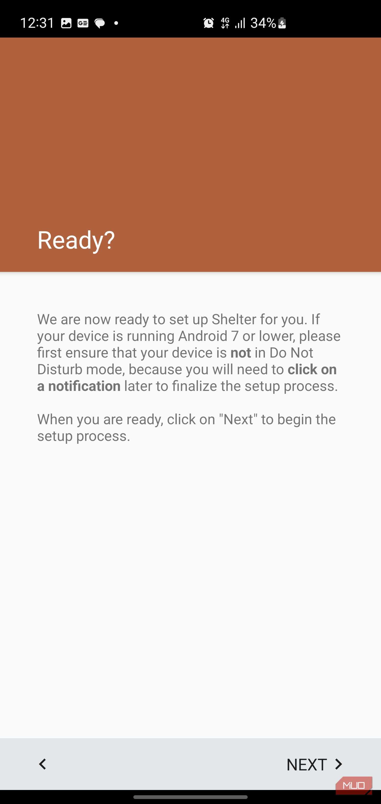 صفحه تنظیم برنامه Shelter که کاربر را برای کلیک بر روی بعد برای آغاز فرآیند جداسازی راهنمایی می‌کند.