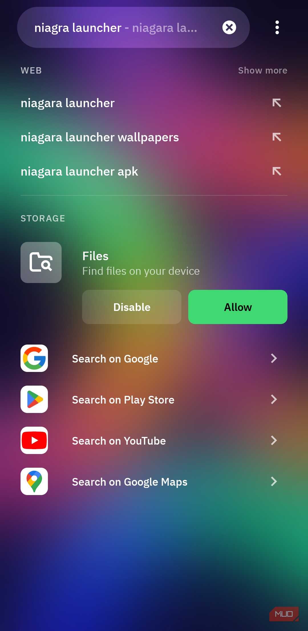 Smart Search menu in Smart Launcher