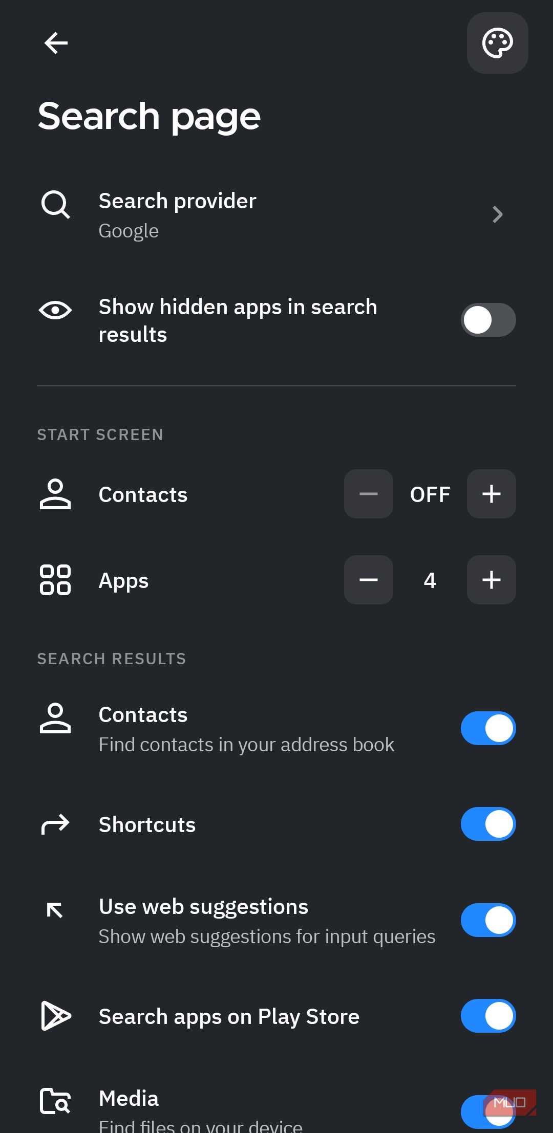 Smart Search settings in Smart Launcher