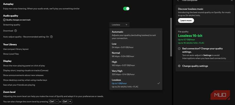 تنظیمات صدای lossless اسپاتیفای