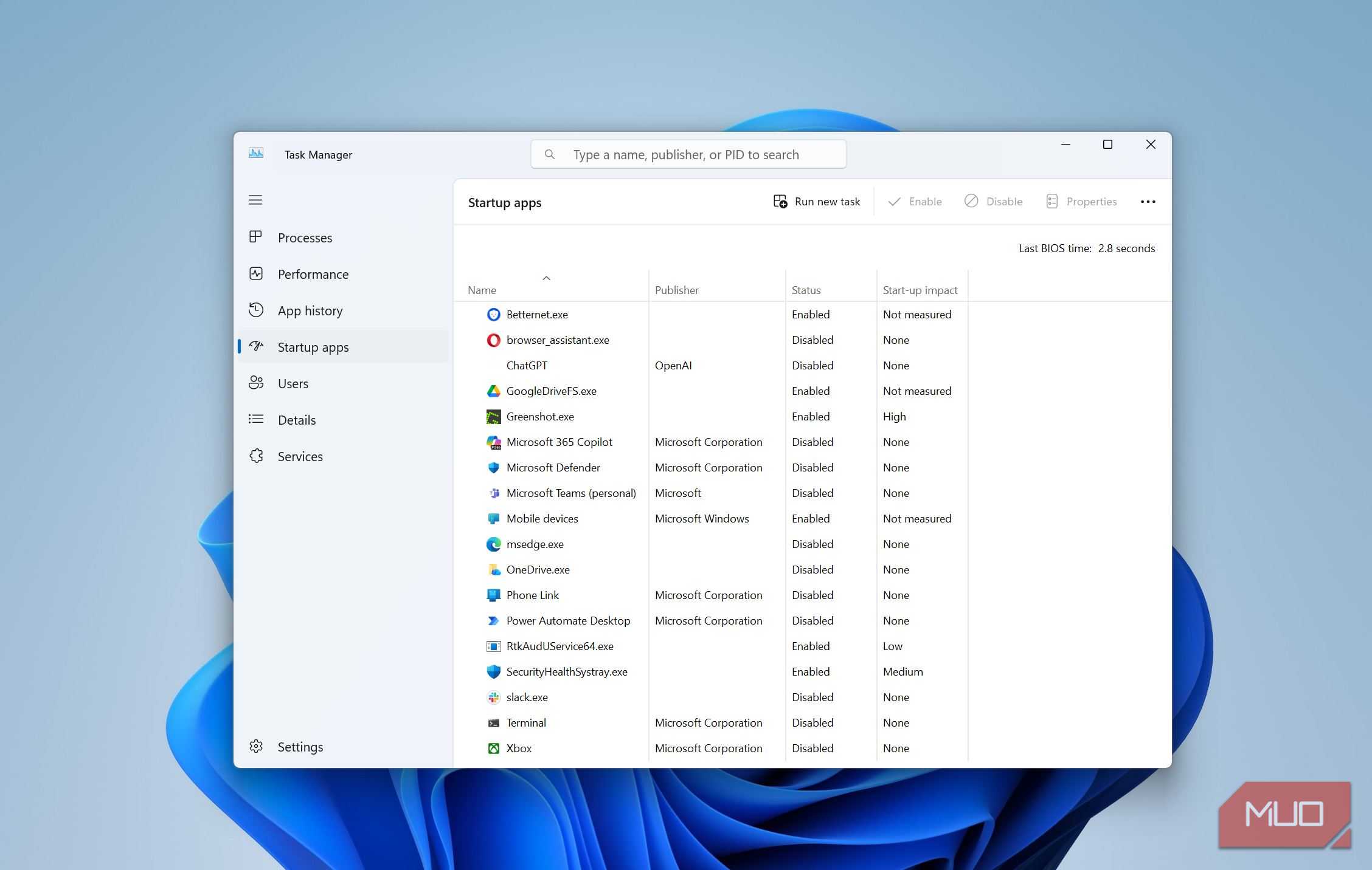 زبانه برنامه‌های شروع در Task Manager