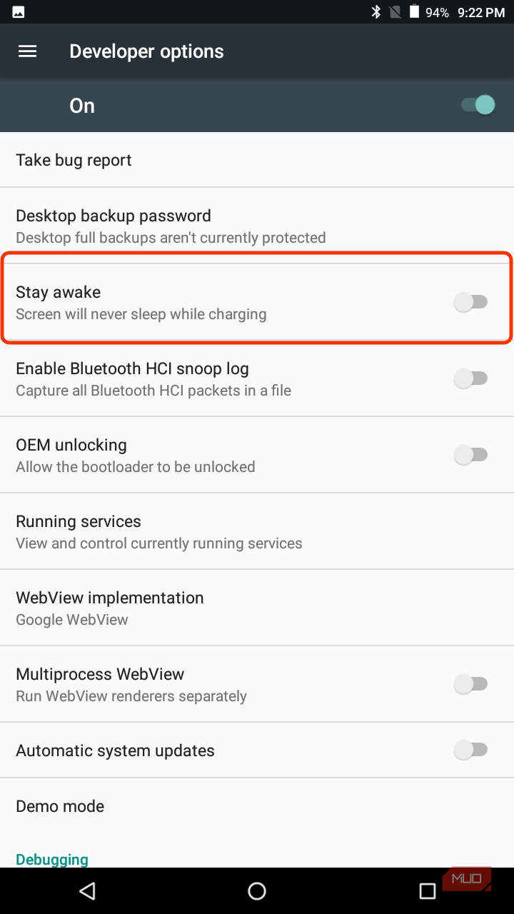 تنظیمات بیدار ماندن در تنظیمات توسعهدهنده تبلت اندروید