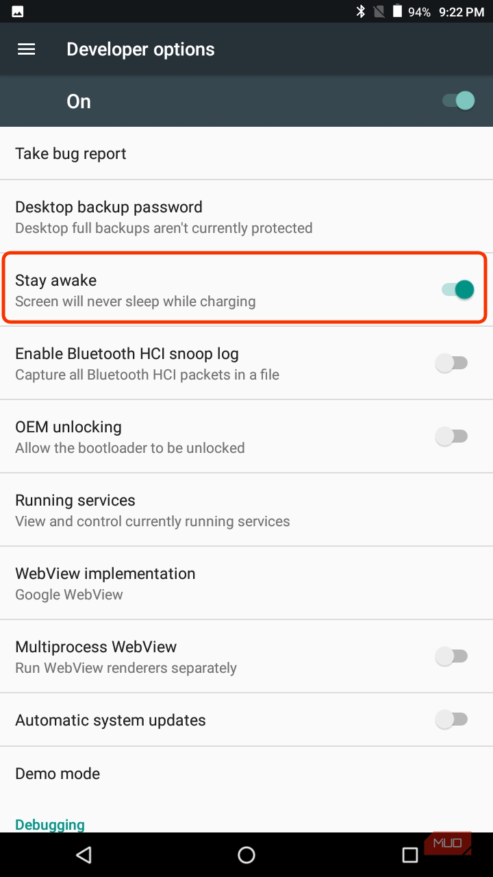 گزینه Stay Awake فعال شده در تنظیمات توسعهدهنده