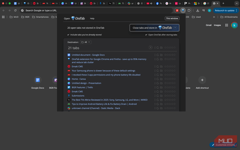 ذخیره چندین تب در OneTab با یک کلیک