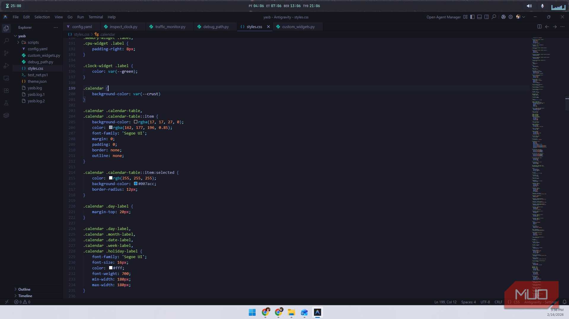 فایل styles.css برای YASB در ویندوز ۱۱