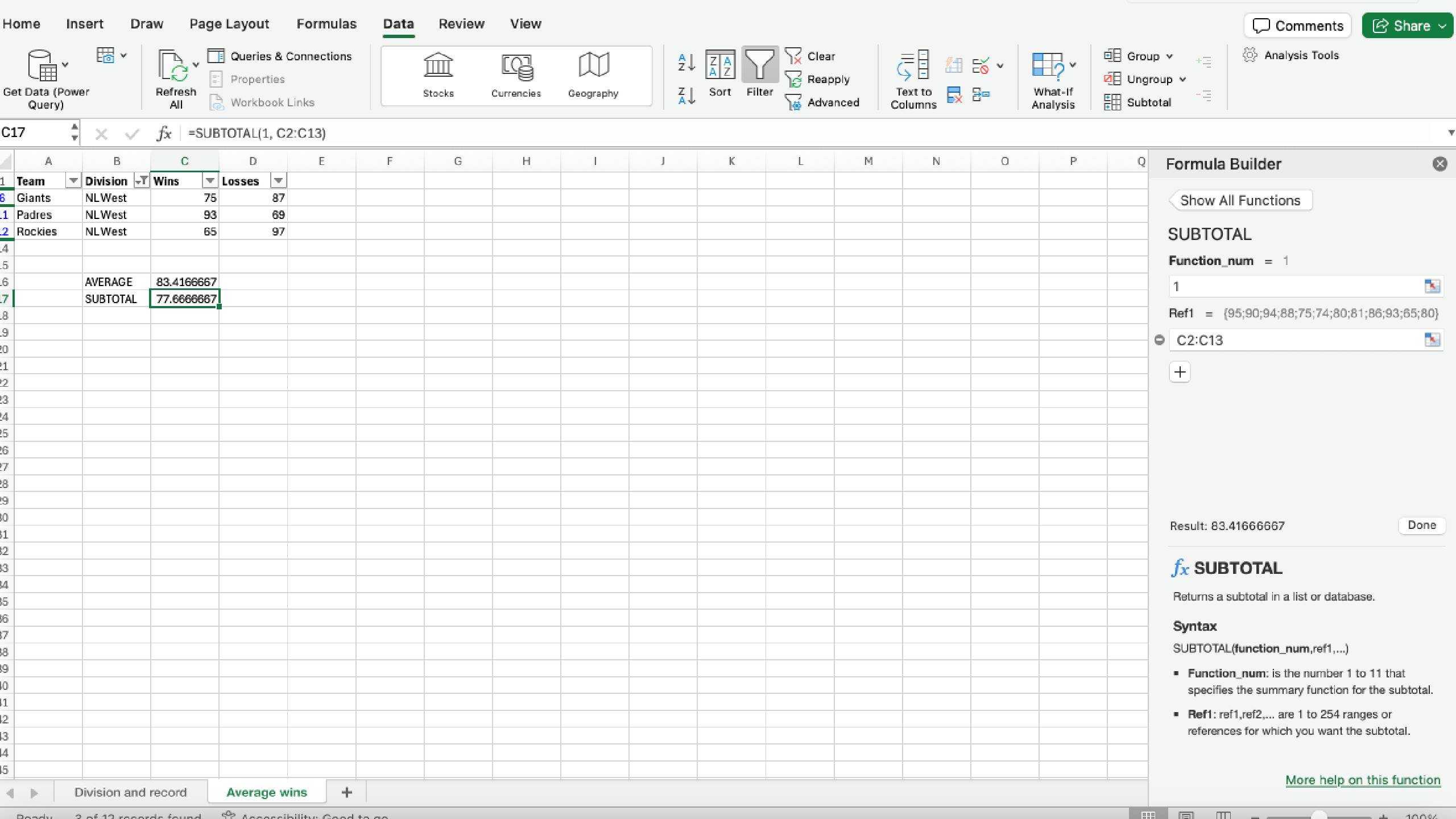 نمایش تفاوت در اکسل بین متوسط و SUBTOTAL هنگامی که دادهها فیلتر شدهاند