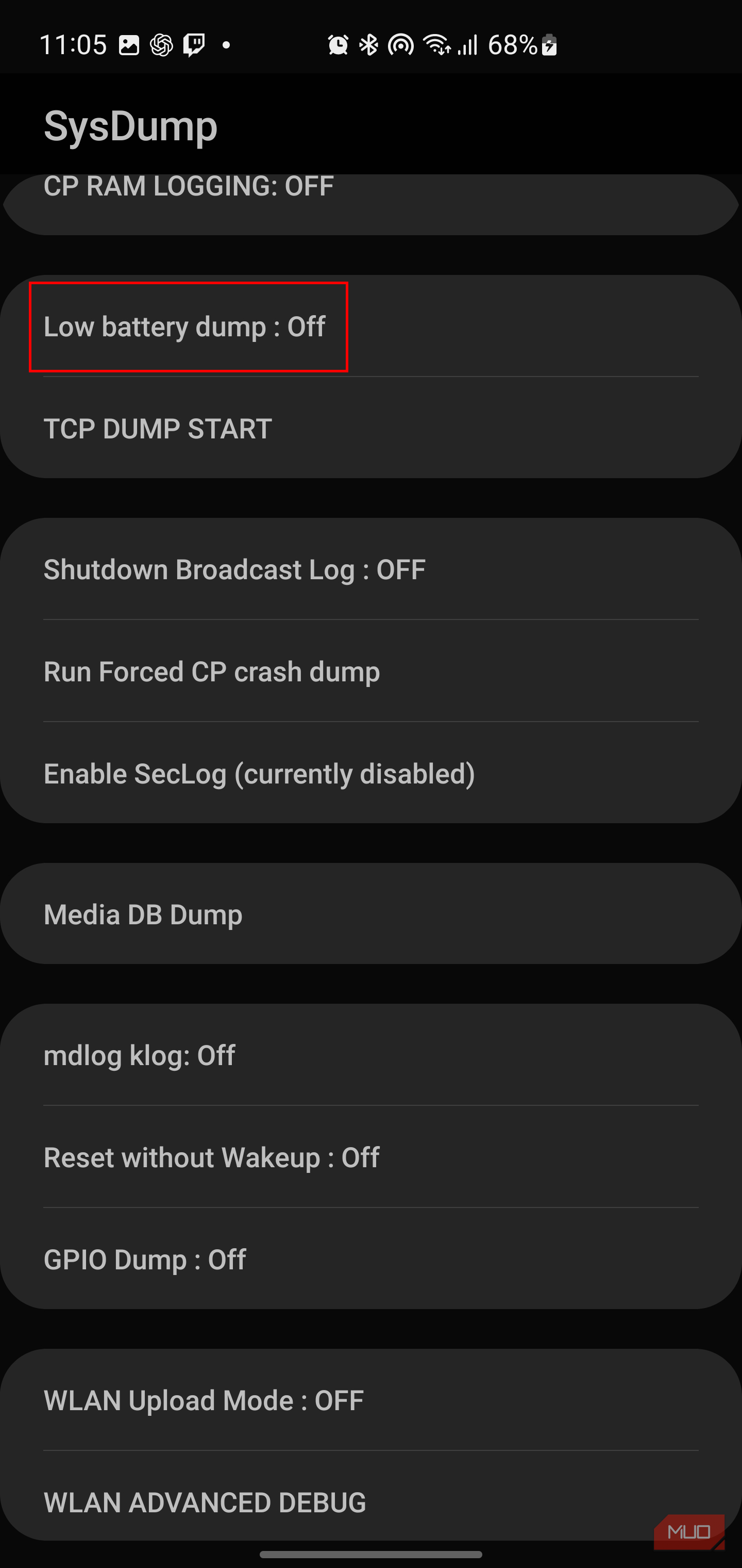 تنظیمات SysDump که Low Battery Dump روی Off تنظیم شده است