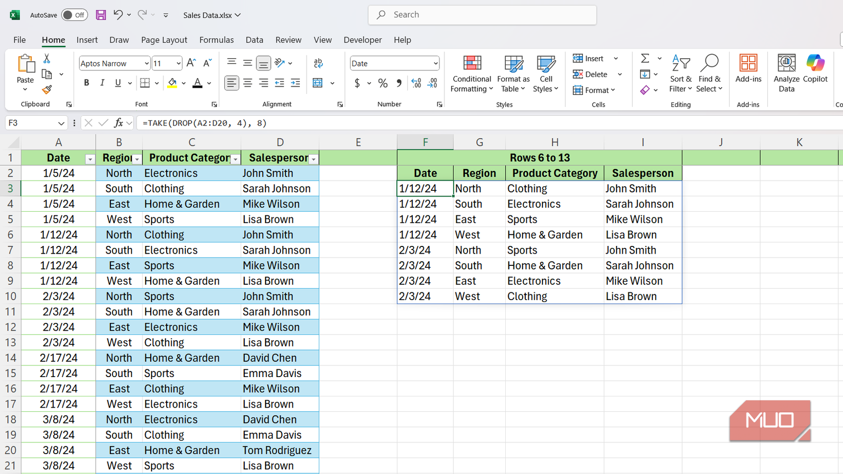 عملکرد TAKE و DROP نشاندهنده 8 ردیف از دادههای فروش در اکسل.