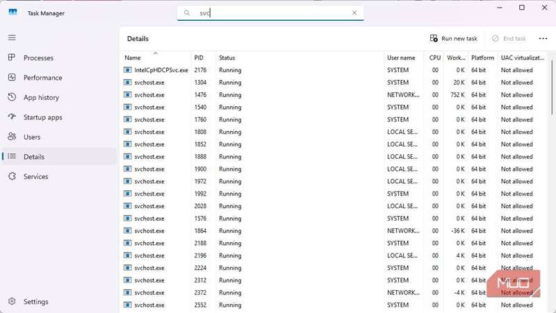 زبانه Details در Task Manager نشان‌دهنده مصرف حافظه svchost.exe