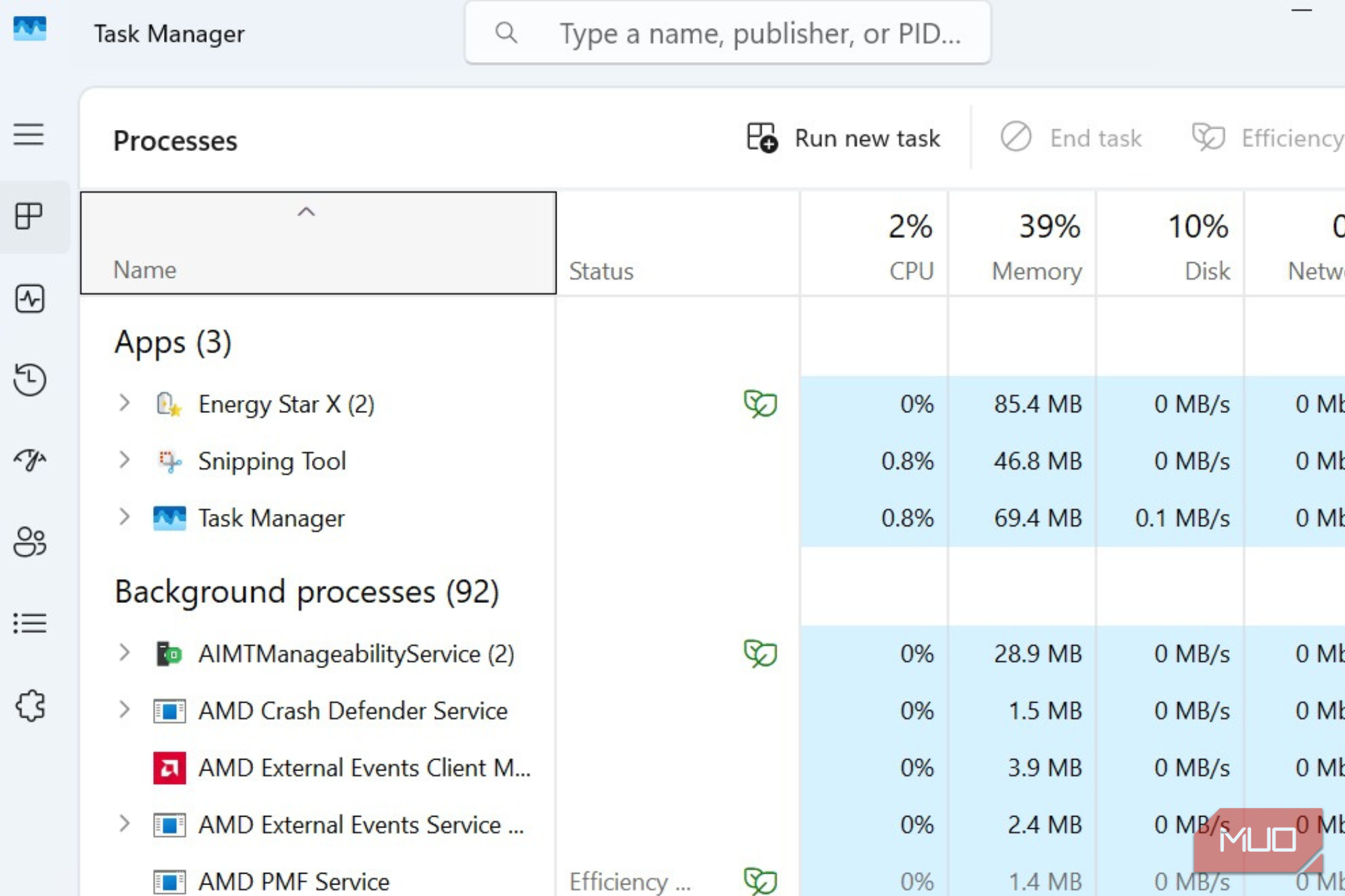 مدیر وظیفه باز شده در ویندوز