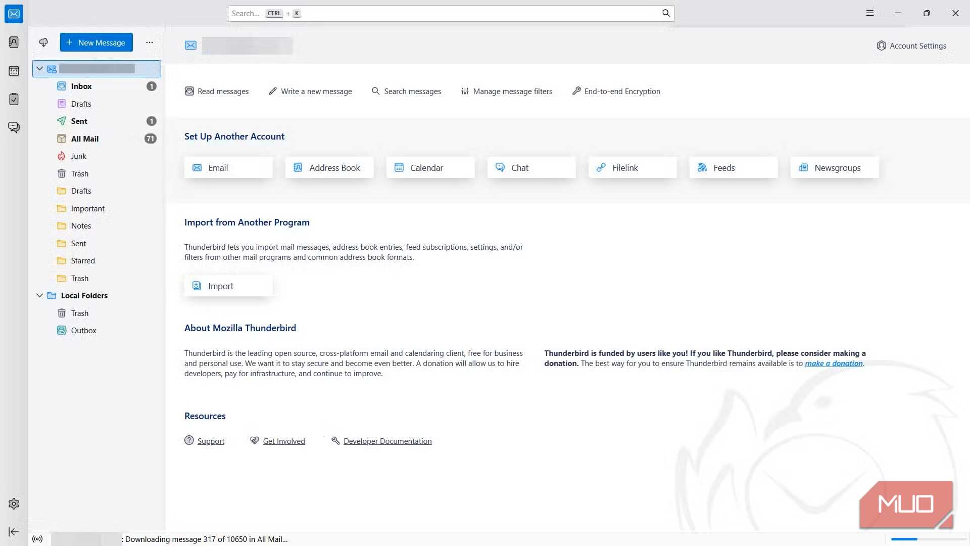 داشبورد برنامهٔ ایمیل Thunderbird