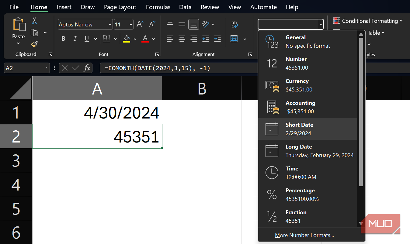 تابع EOMONTH در اکسل با منوی کشویی قالب عددی نمایش داده شده