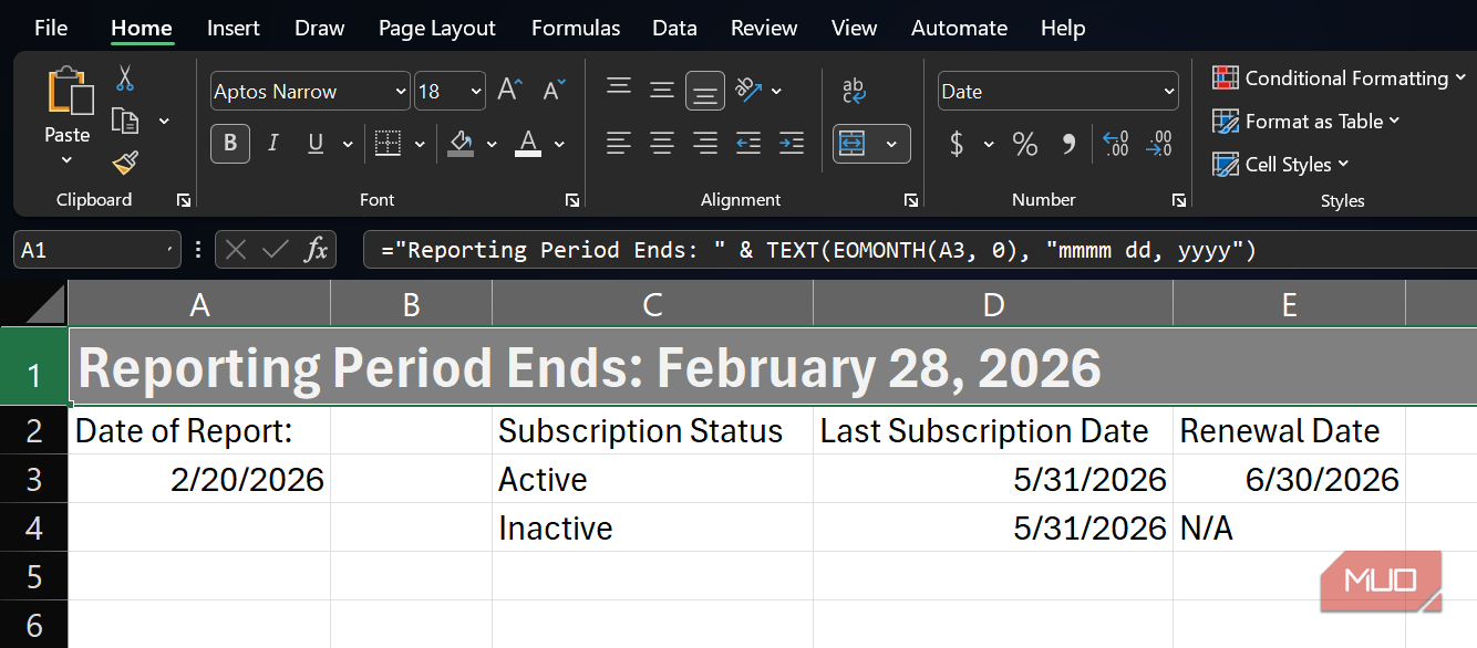تابع EOMONTH برای ایجاد سرعنوان گزارش‌ دینامیک در اکسل استفاده شده