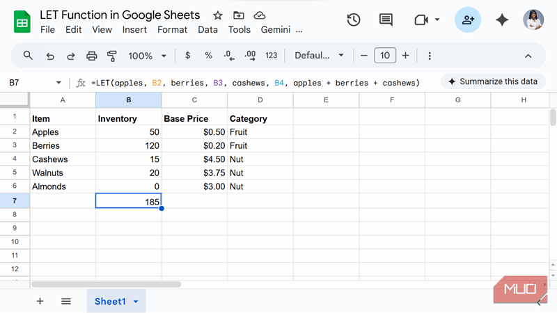 تابع LET در Google Sheets.