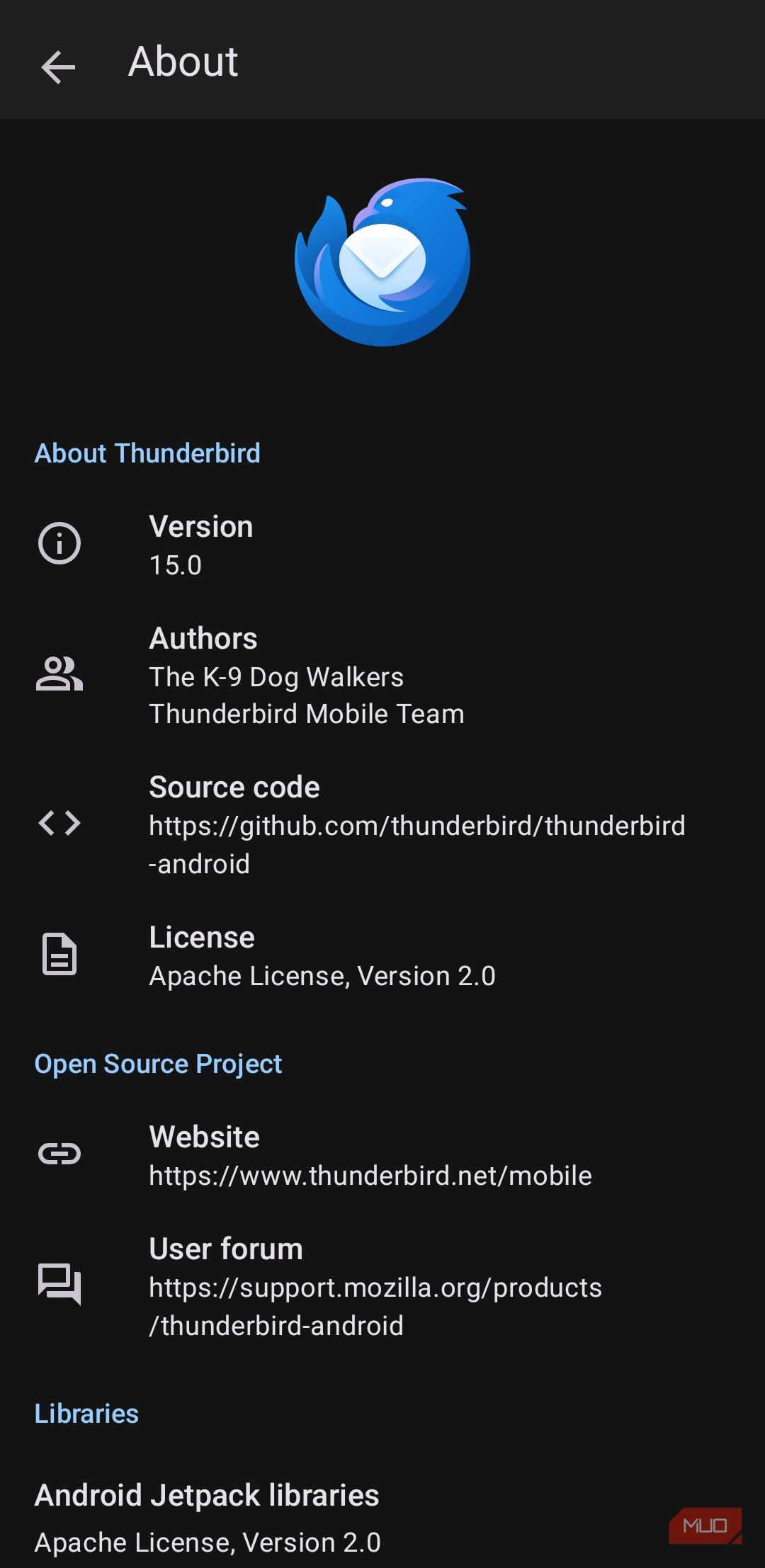 منوی درباره برنامه Thunderbird بر روی گوشی اندروید