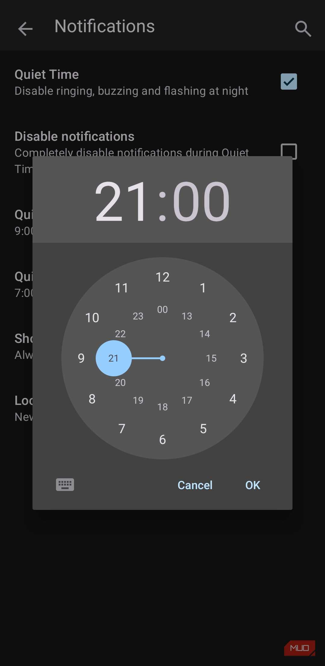 تنظیمات ساعت آرام برنامه Thunderbird بر روی گوشی اندروید