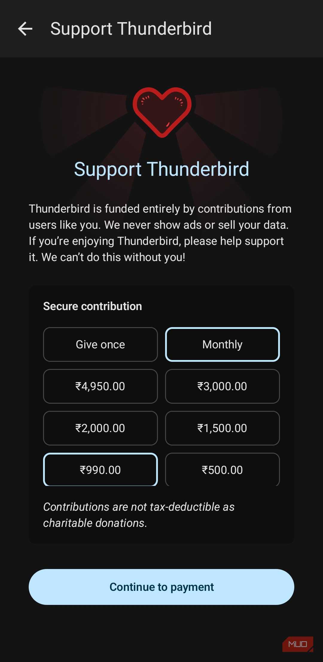 منوی پشتیبانی برنامه Thunderbird بر روی گوشی اندروید
