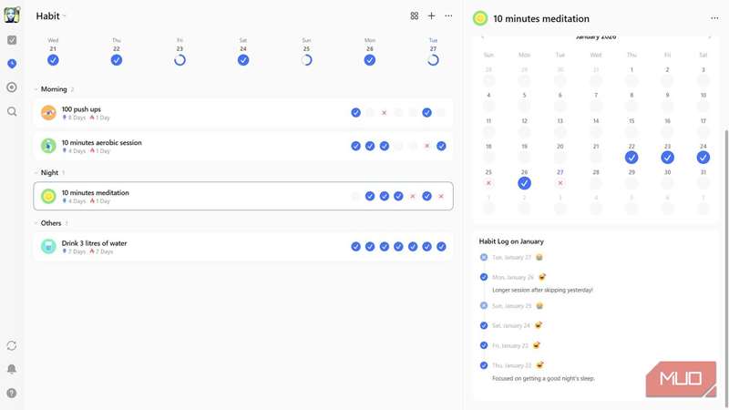 ردیابی یک عادت در TickTick با یادداشت‌ها