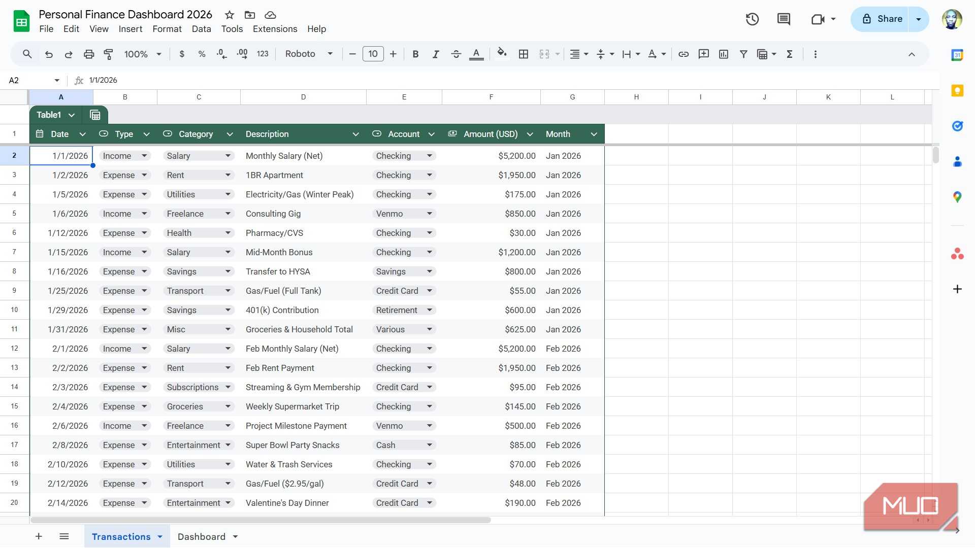 برگه تراکنش‌های داشبورد در Google Sheets