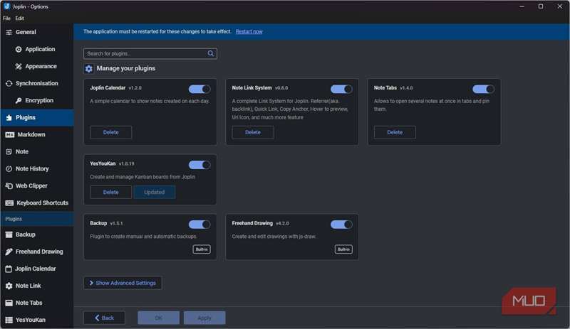 استفاده از افزونه‌ها برای قابلیت‌های بیشتر Joplin