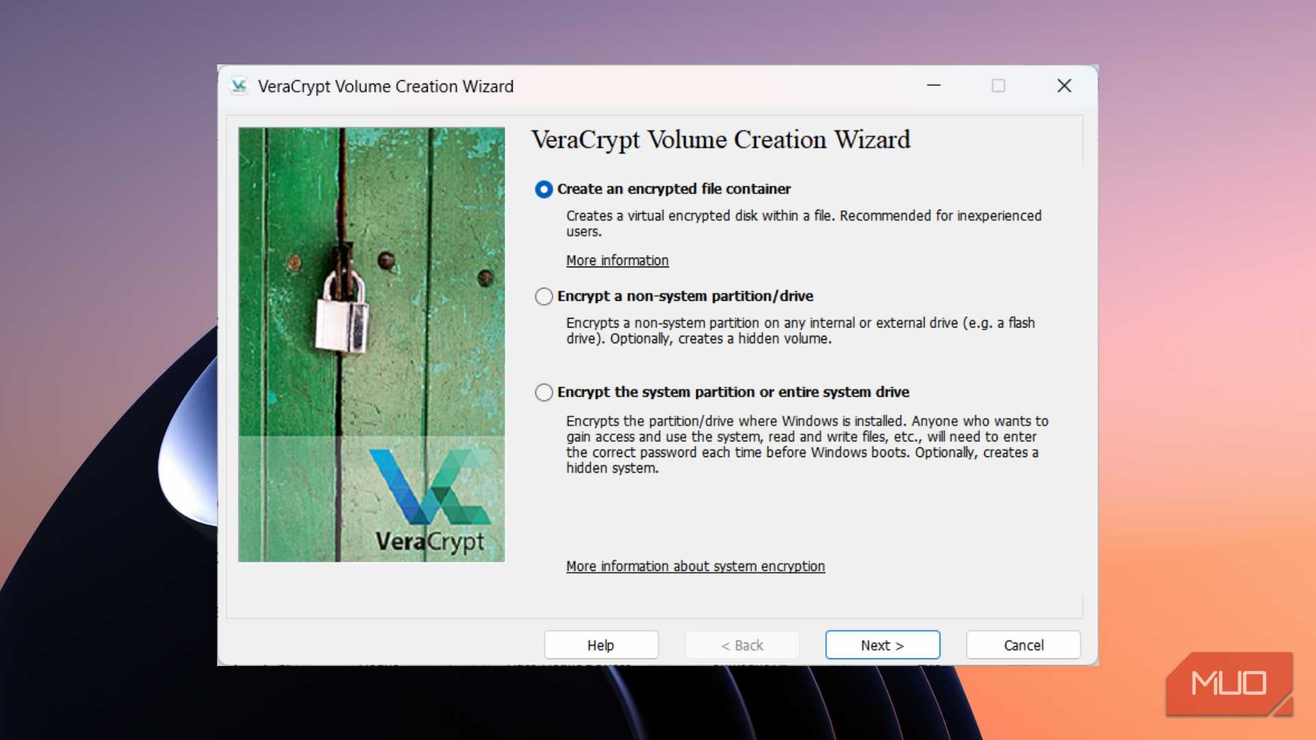 پیشنمایش VeraCrypt برای ایجاد یک فایلمحفظهٔ رمزگذاریشده یا رمزگذاری یک پارتیشن