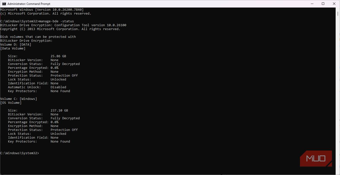 تأیید وضعیت BitLocker در ویندوز.