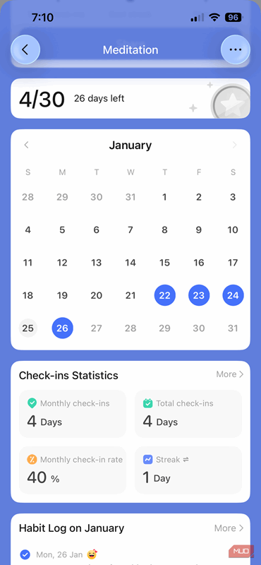 مشاهده آمار یک عادت در برنامه موبایل TickTick بر روی آیفون