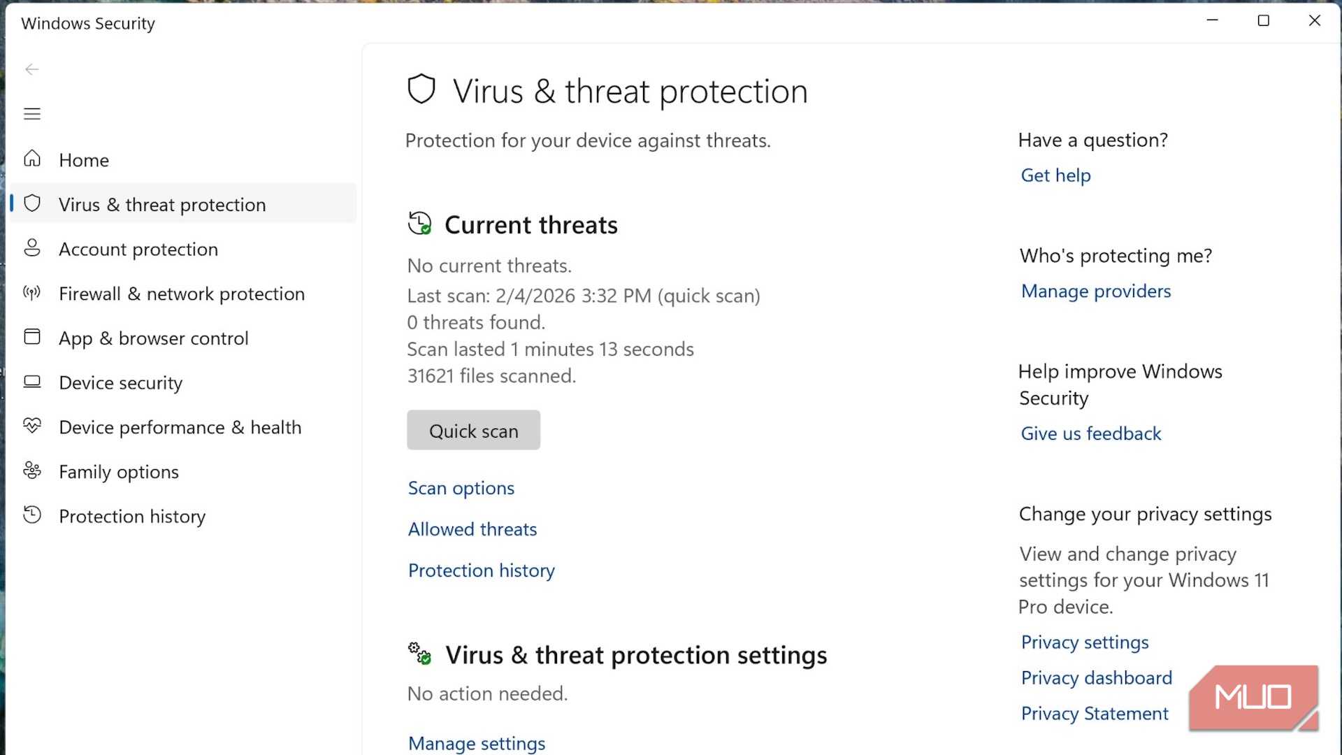 صفحهٔ حفاظت ویروس و تهدید در ویندوز 11