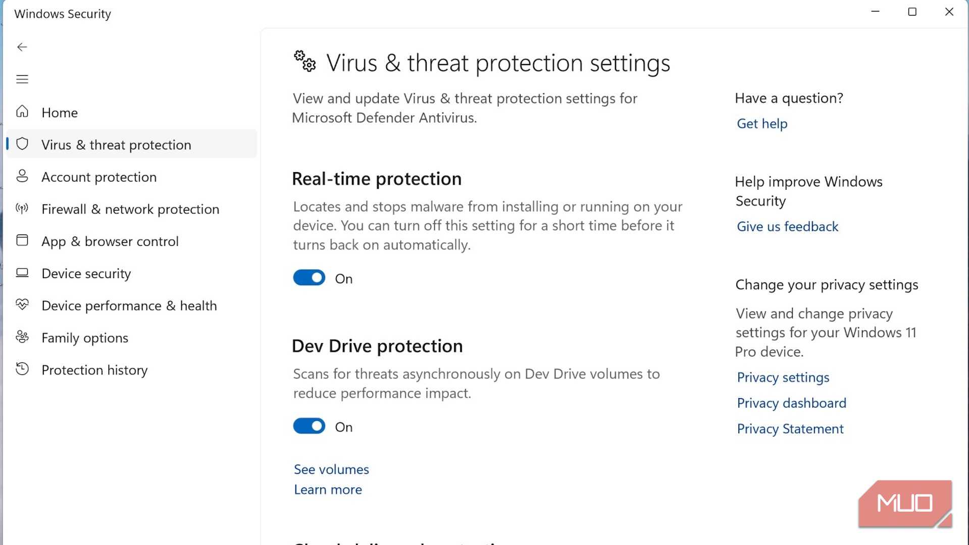 صفحهٔ حفاظت ویروس و تهدید در ویندوز 11