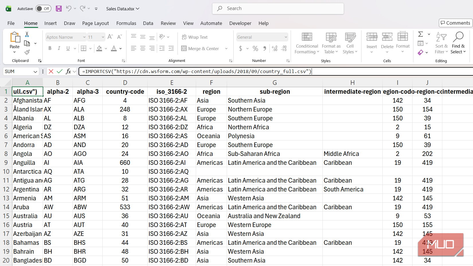 فایل CSV وب که با فرمول IMPORTCSV در اکسل وارد شده است