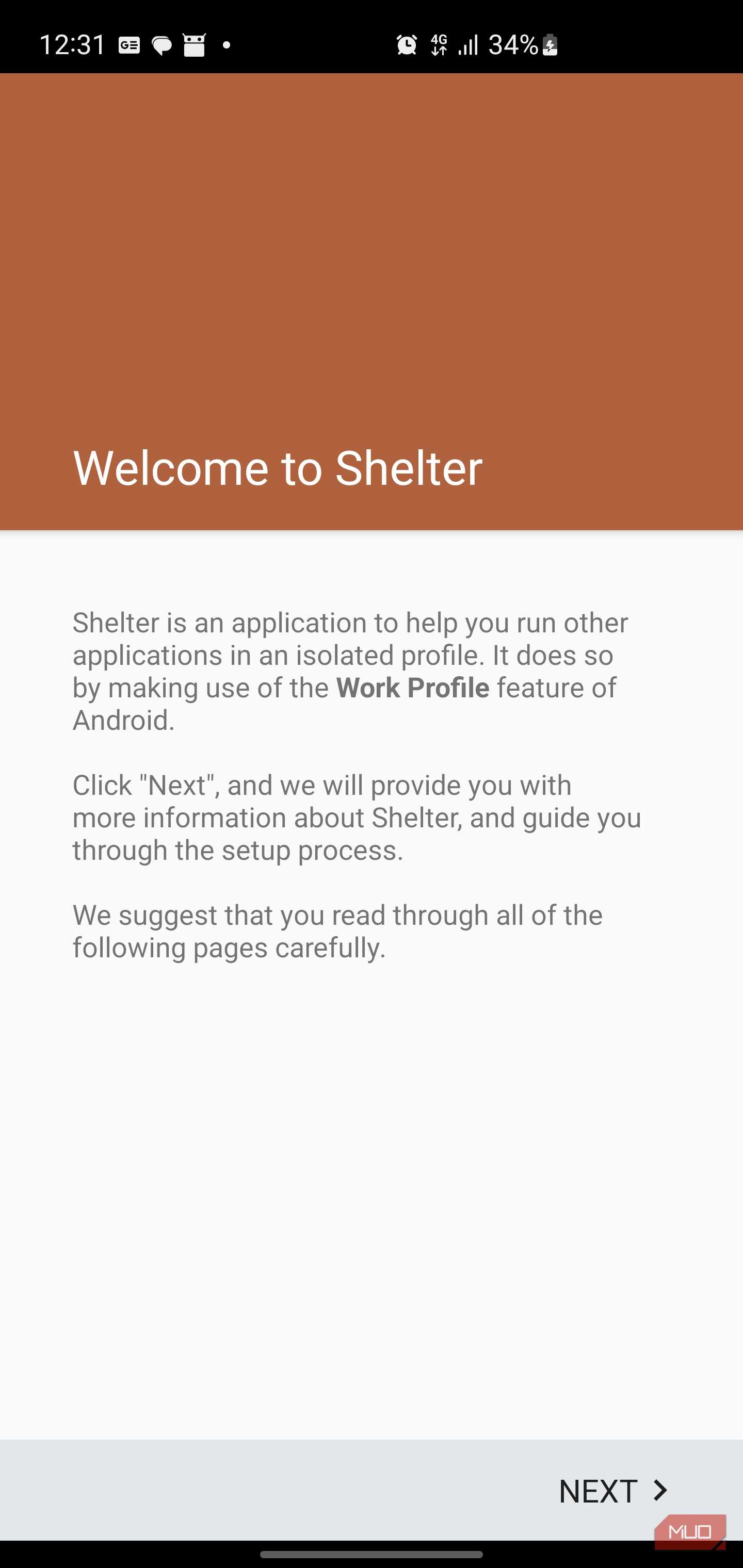 صفحه خوش‌آمد گویی برنامه Shelter که استفاده از ویژگی پروفایل کاری اندروید را توضیح می‌دهد.