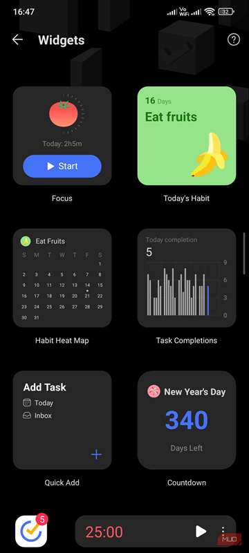 ابزارک‌ها در برنامه TickTick