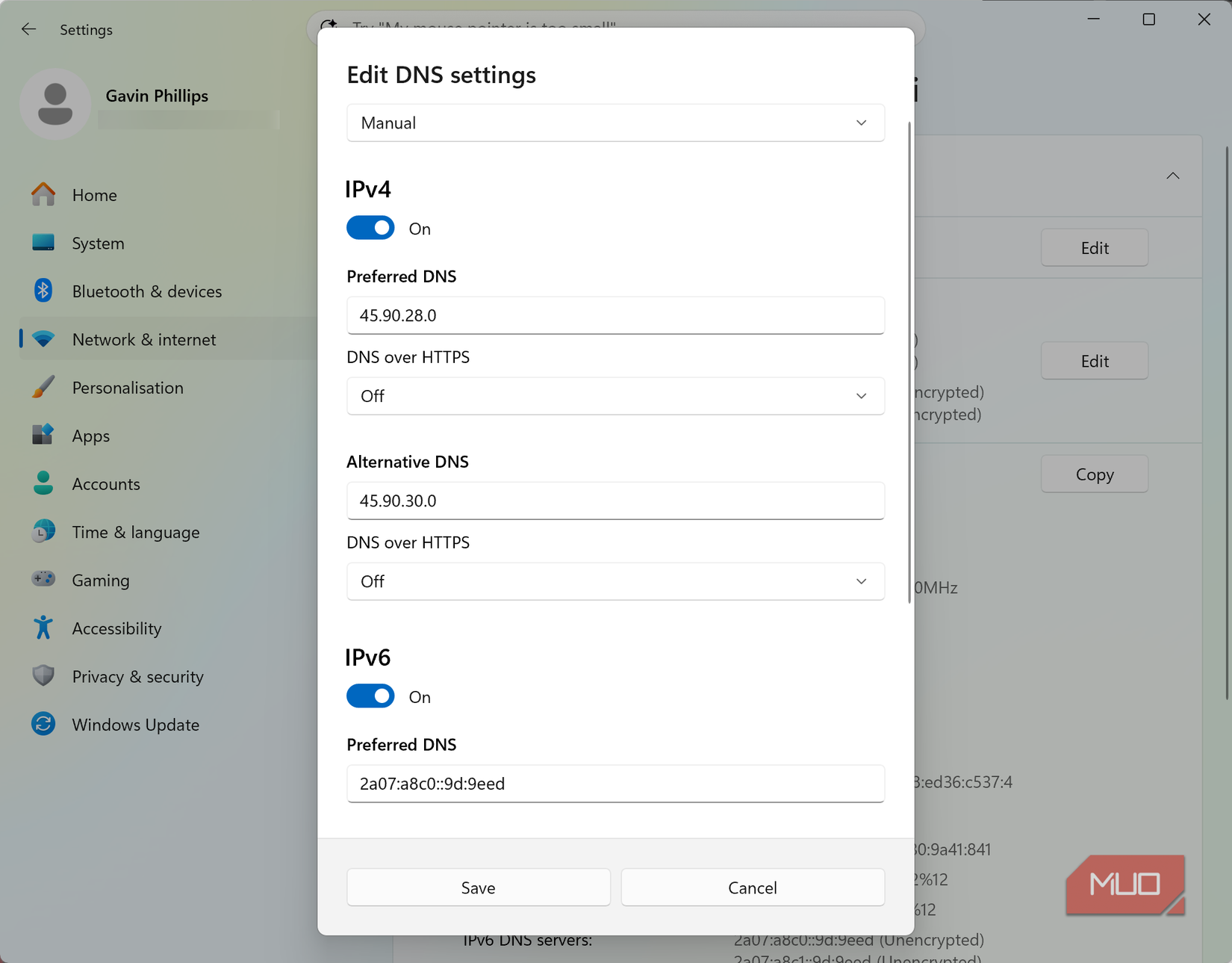 تنظیمات شبکه NextDNS در ویندوز ۱۱.