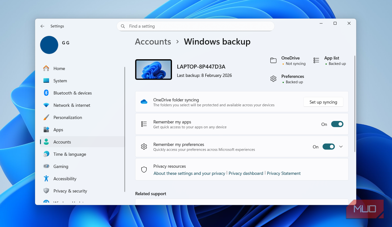 منوی پشتیبان‌گیری ویندوز