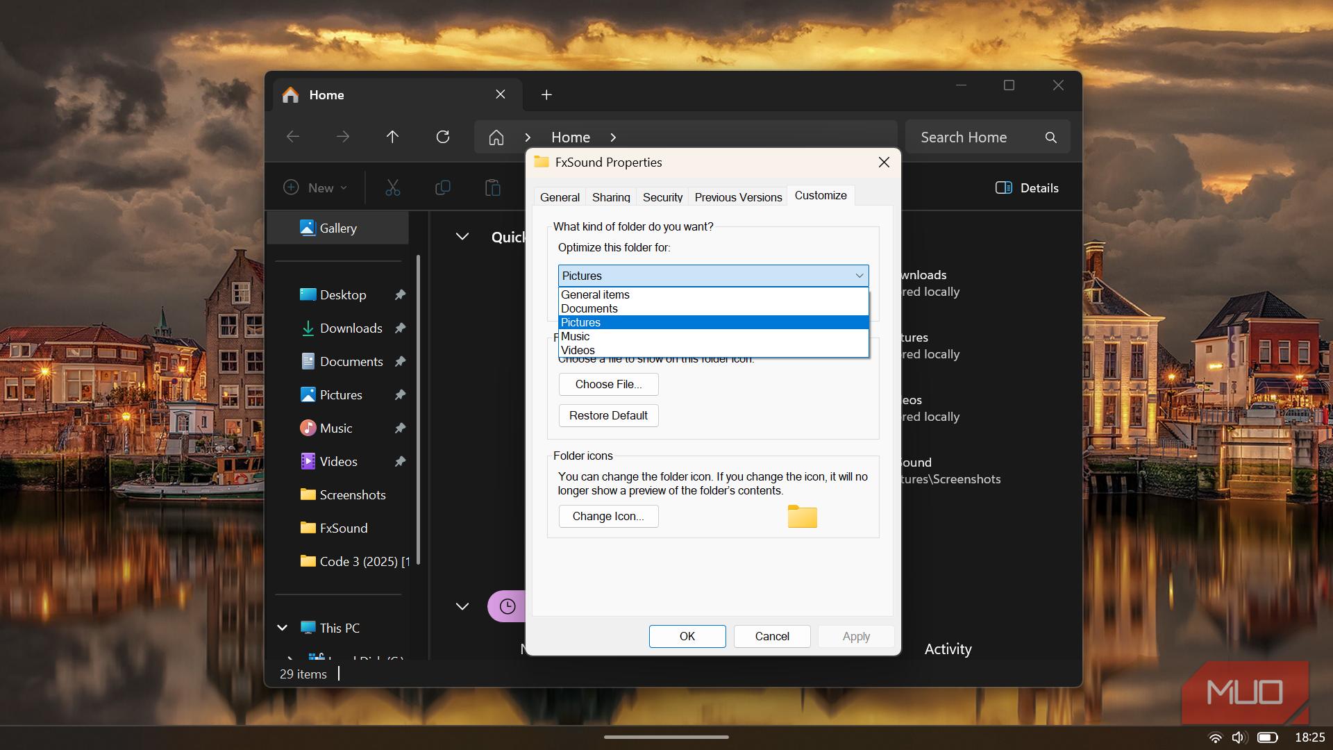 پنجره ویژگی‌های پوشه ویندوز که برگه سفارشی‌سازی را با منوی کشویی «بهینه‌سازی این پوشه برای» نمایش می‌دهد