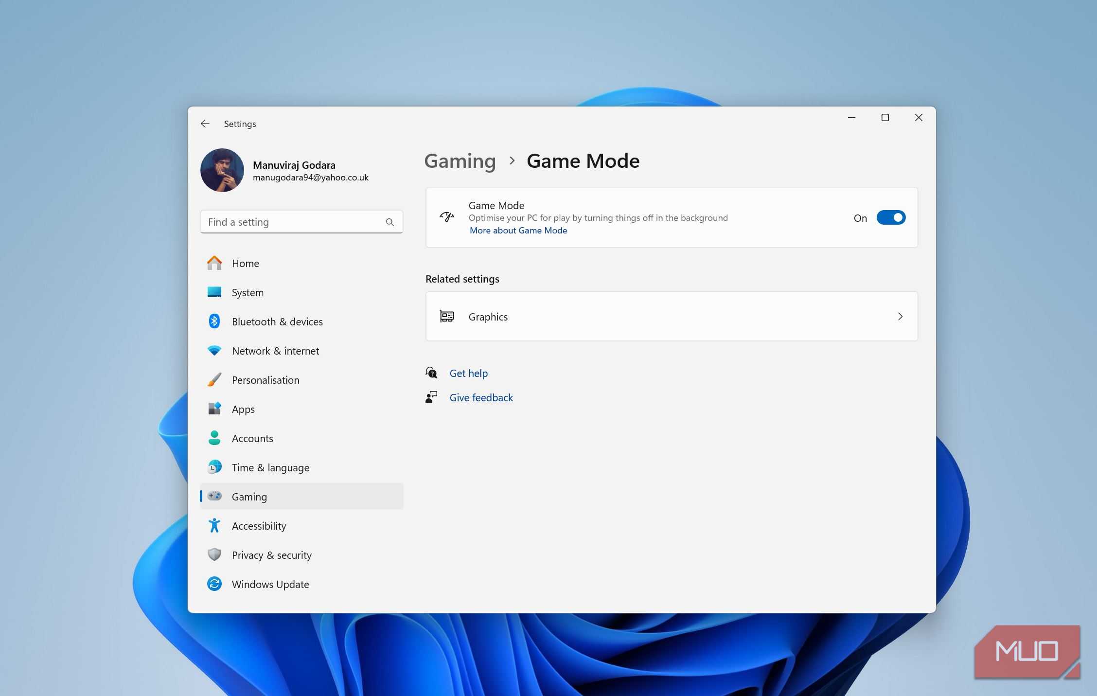 صفحه تنظیمات حالت بازی ویندوز