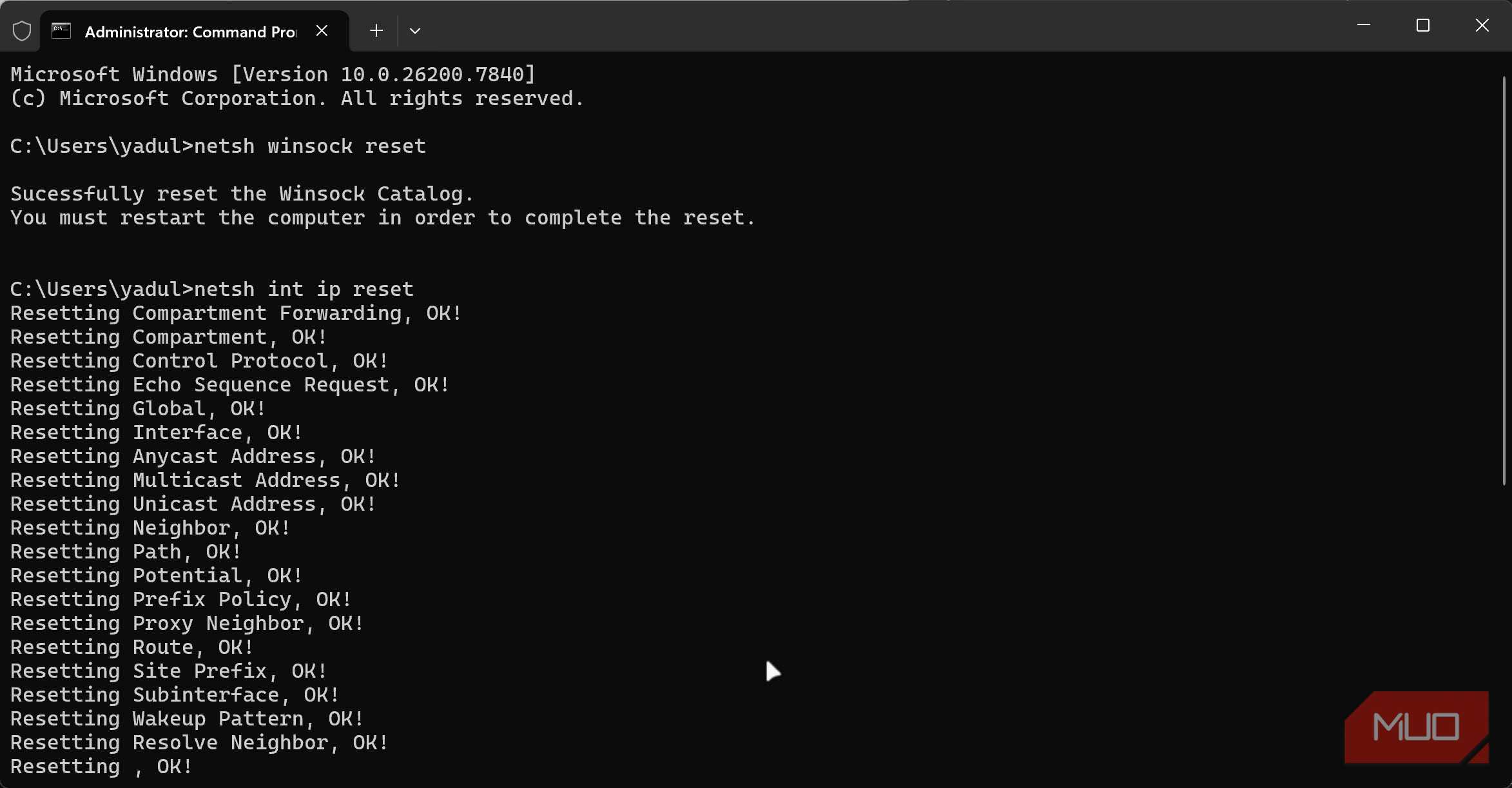 دستورات بازنشانی API شبکهٔ ویندوز