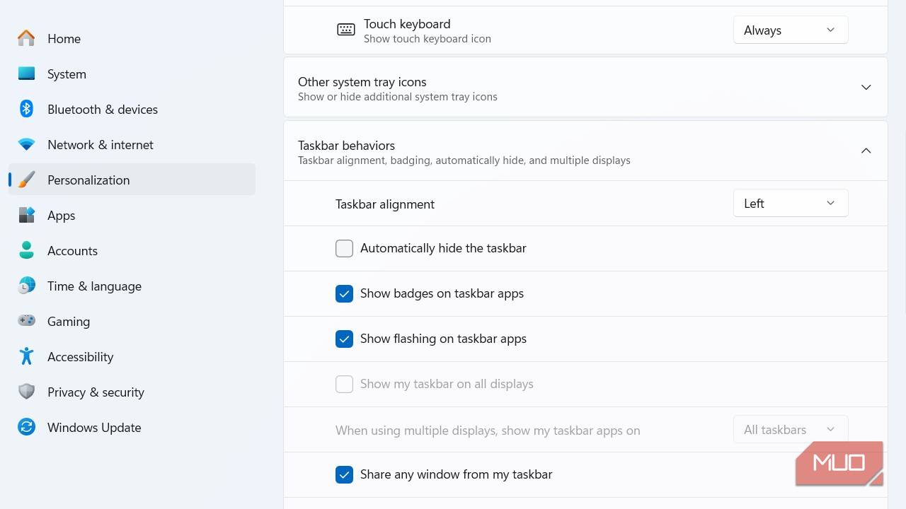 تنظیم ترازبندی نوار وظیفه ویندوز به سمت چپ در تنظیمات