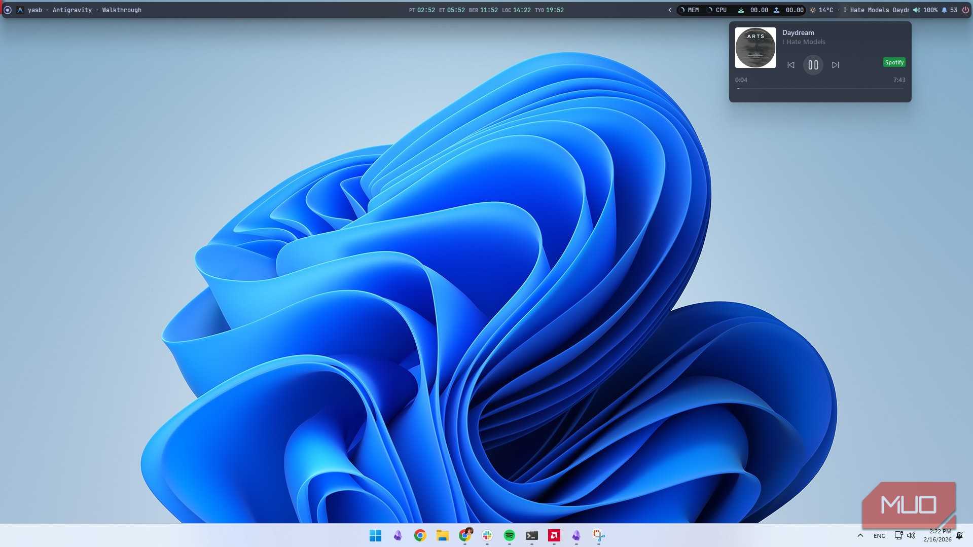 YASB در ویندوز ۱۱ نشان‌دهندهٔ کنترل‌های پخش