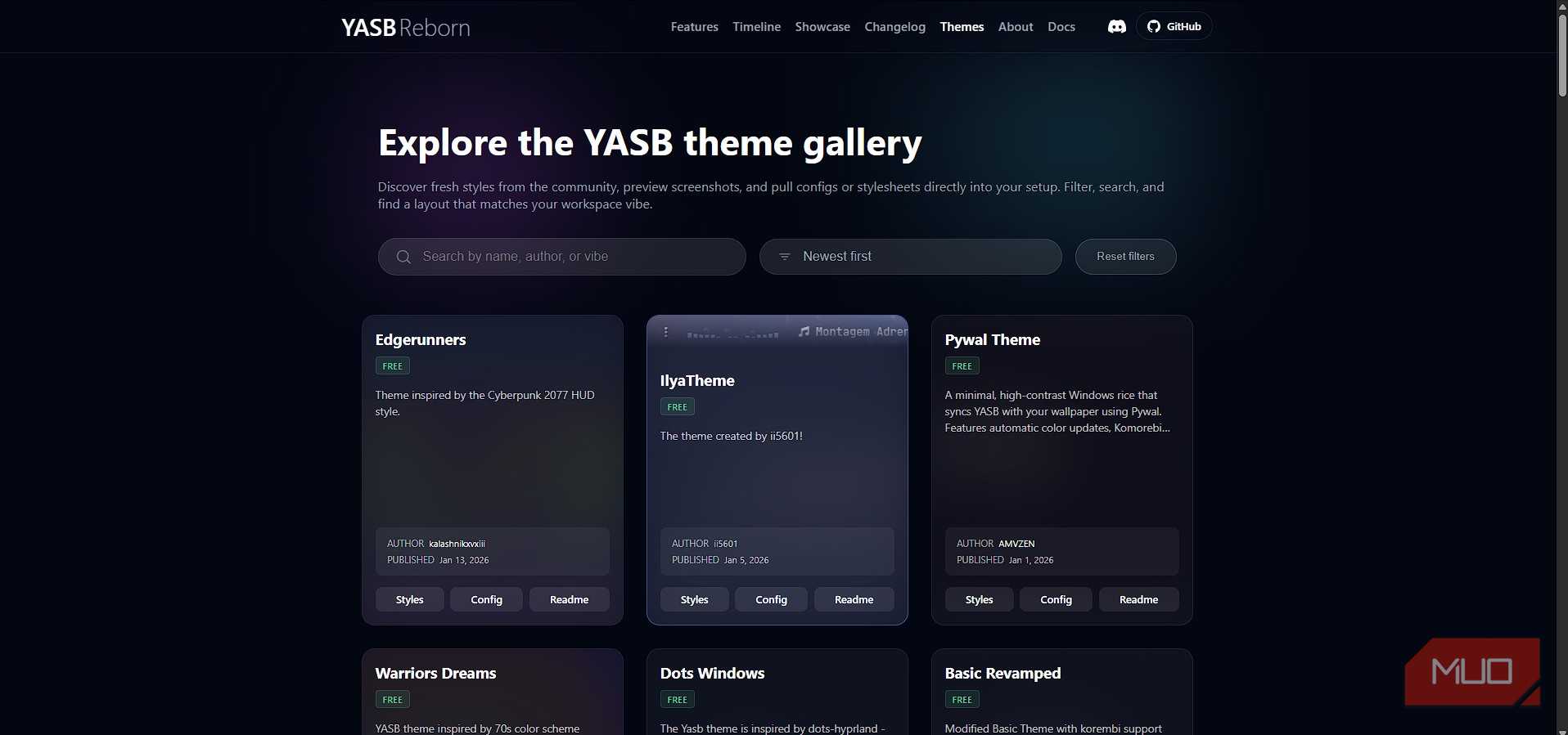 گالری تم‌های YASB در وب‌سایت YASB