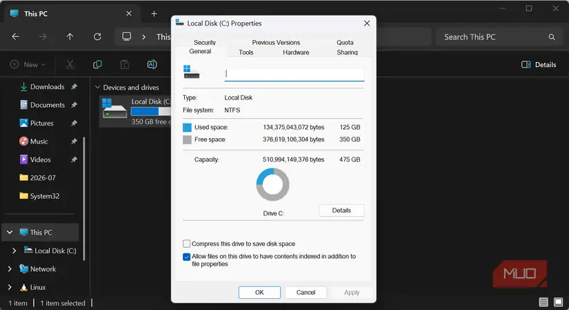 پنجرهٔ Drive properties در Windows
