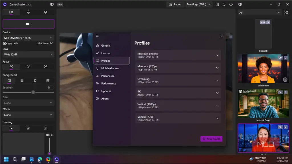 پنجره تنظیمات پروفایل در Camo Studio