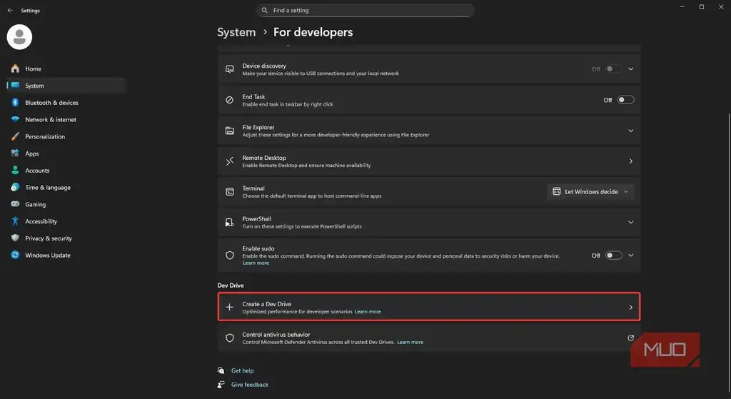 محل تنظیمات Dev Drive در Windows