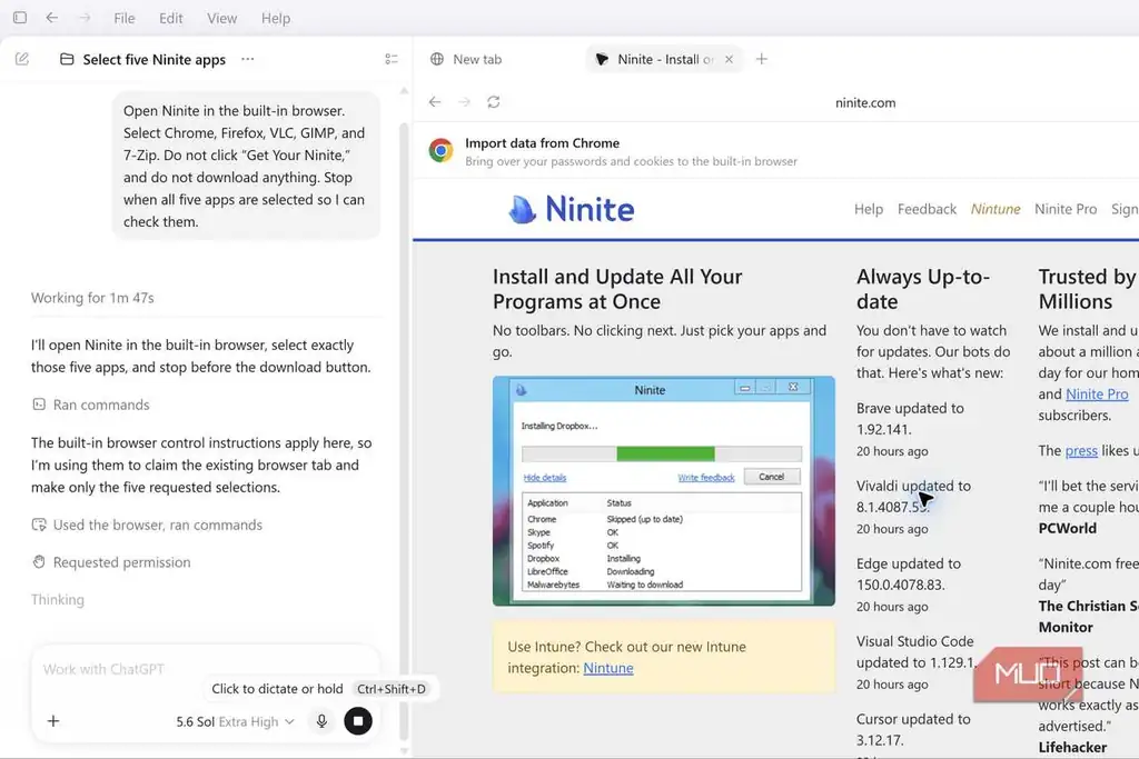 ChatGPT Work در حال پیمایش وبسایت Ninite برای انتخاب برنامهها