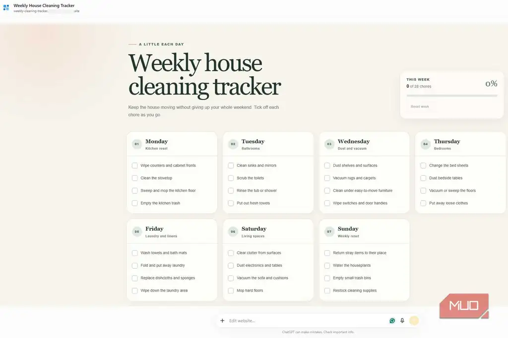 صفحه وبسایت ساختهشده توسط ChatGPT Work با چکلیست نظافت هفتگی
