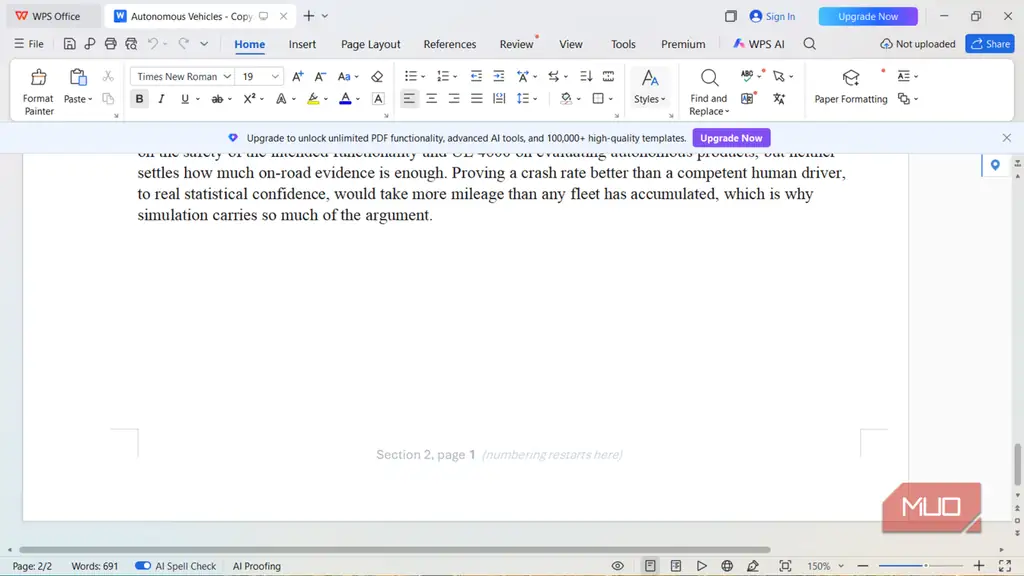 صفحه پایانی گزارش خودروهای خودران در WPS Office