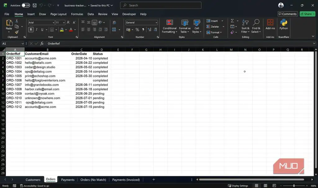 نمای زبانه سفارشها در فایل Excel
