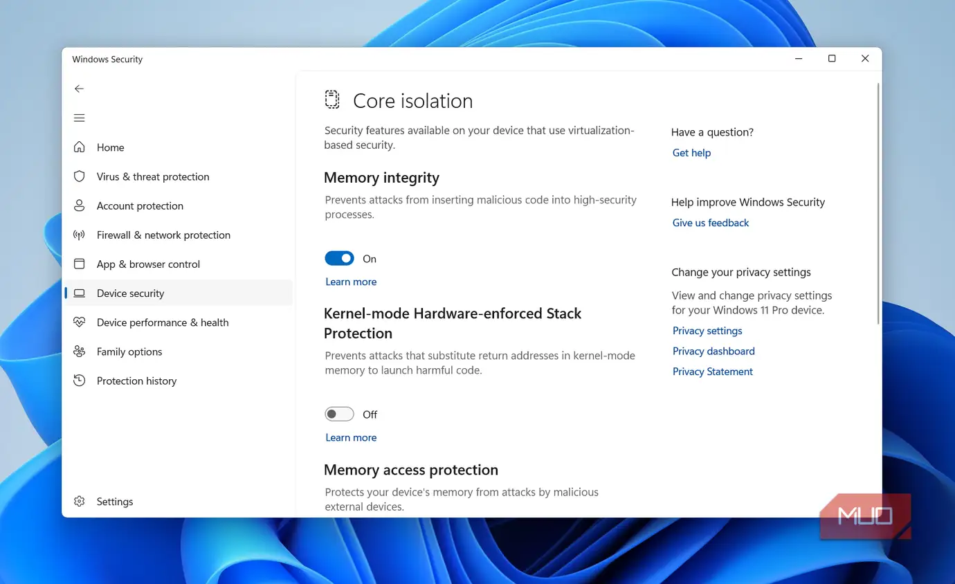 تنظیمات Memory Integrity در ویندوز